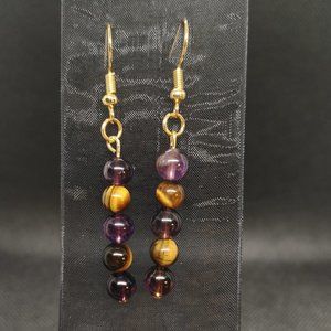 NEW - 18K Gold Plated Hardware Earrings with Authentic Tiger Eye and Amethyst